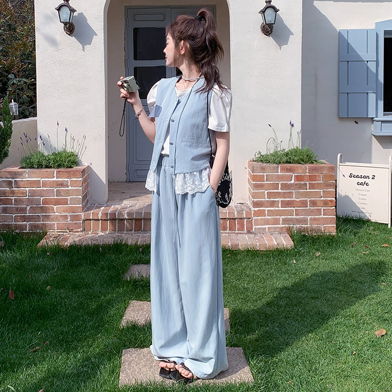 蓝色韩版盐系蕾丝拼接马甲套装女夏季2025新款高腰休闲阔腿裤套装