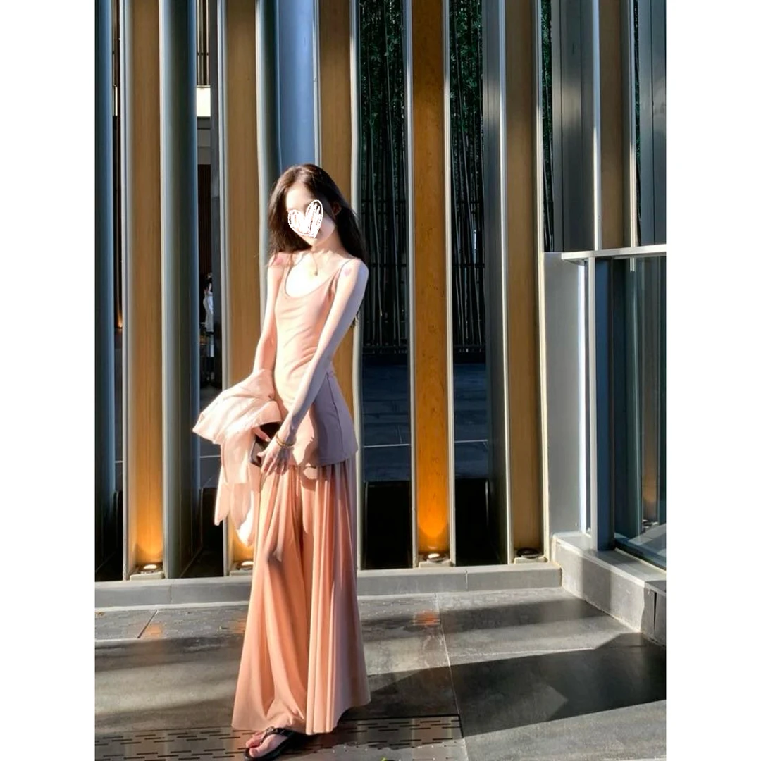 【美神降临】设计感垂感长款连衣裙女拼接网纱褶皱吊带裙