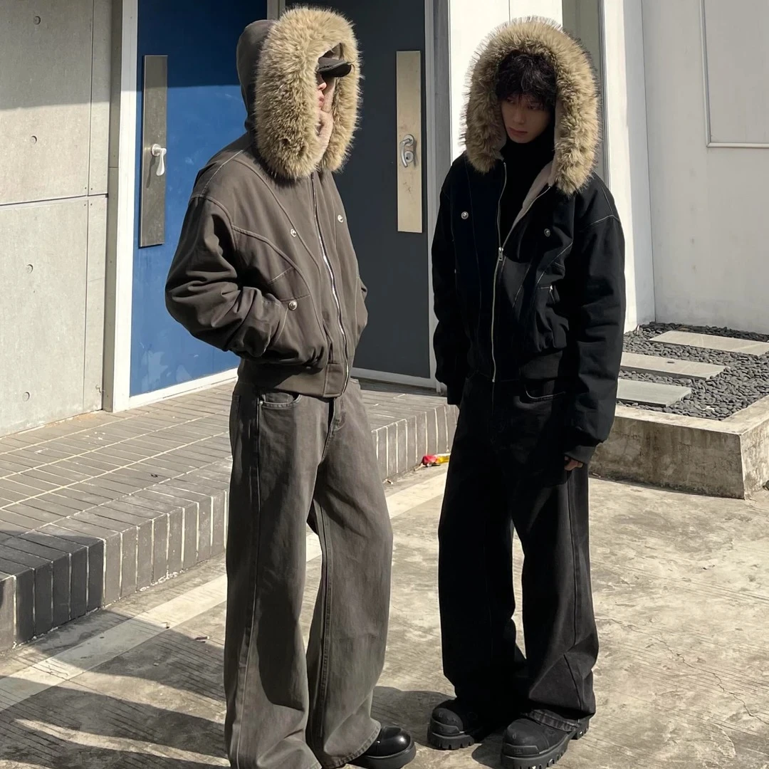 大毛领连帽棉服外套女2025新款美式情侣派克服毛茸茸冬季加厚棉衣