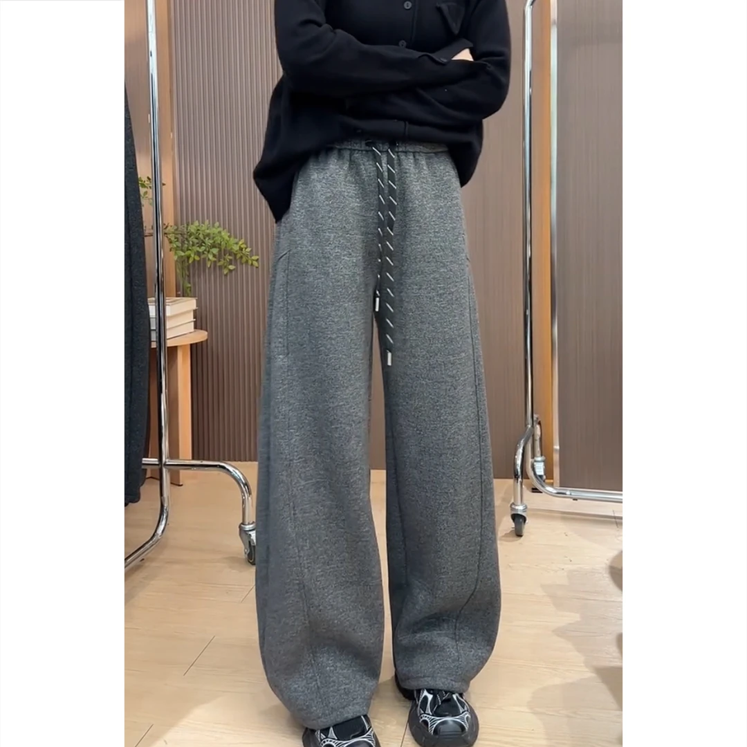 艾塔莉秋冬女松紧腰休闲裤百搭加绒厚款宽松毛呢裤慵懒风时尚卫裤