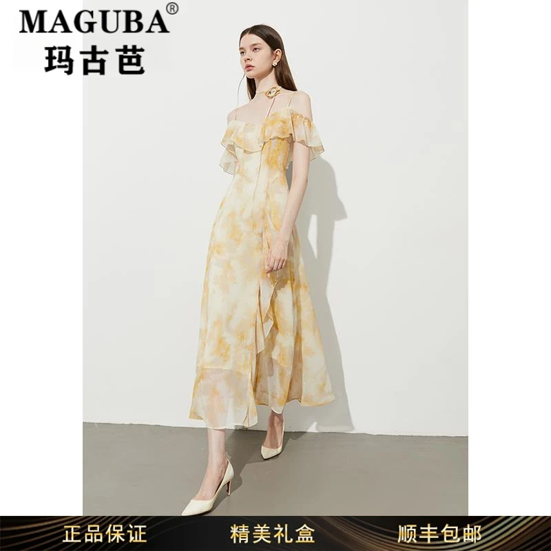 玛古芭女装时尚新款印花连衣裙女法式修身收腰一字肩气质优雅长裙