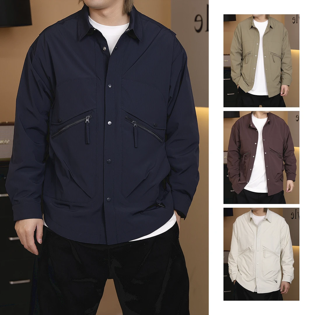 春季新款男士假两件设计师款翻领工装衬衫外套