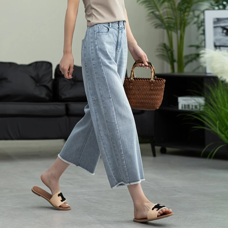 天丝亚麻牛仔裤直筒裤女夏季薄款女士百搭小个子九分窄版阔腿裤子