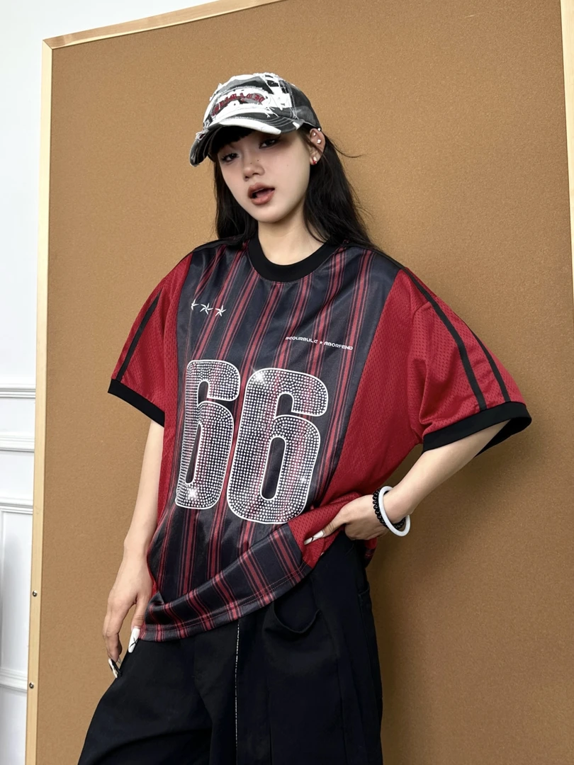 BeOurRule 美式闪钻网眼 Blokecore球衣短袖运动风V领T恤宽松情侣