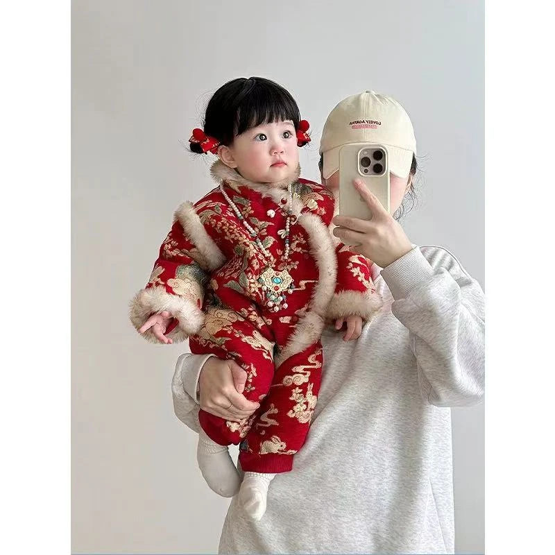 祥云红色 连身衣 连体爬服 哈衣休闲冬季 满月周岁 +项链+帽子