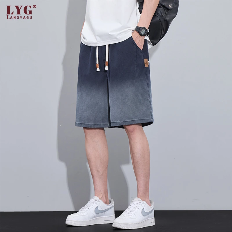 美式渐变牛仔短裤男士夏季薄款百搭冰丝凉感宽松直筒休闲五分裤子