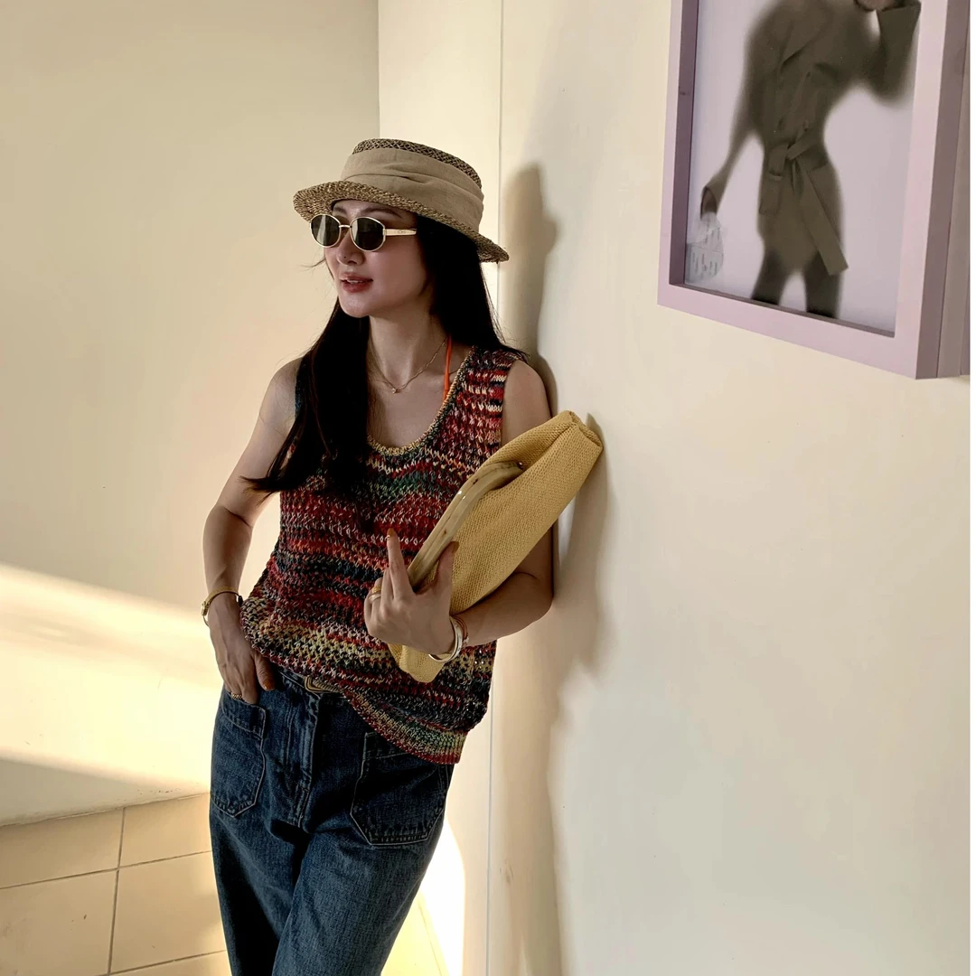 AIMURSE 【彩虹桥】小众设计师 彩色镂空时尚百搭女士上衣 AM1478