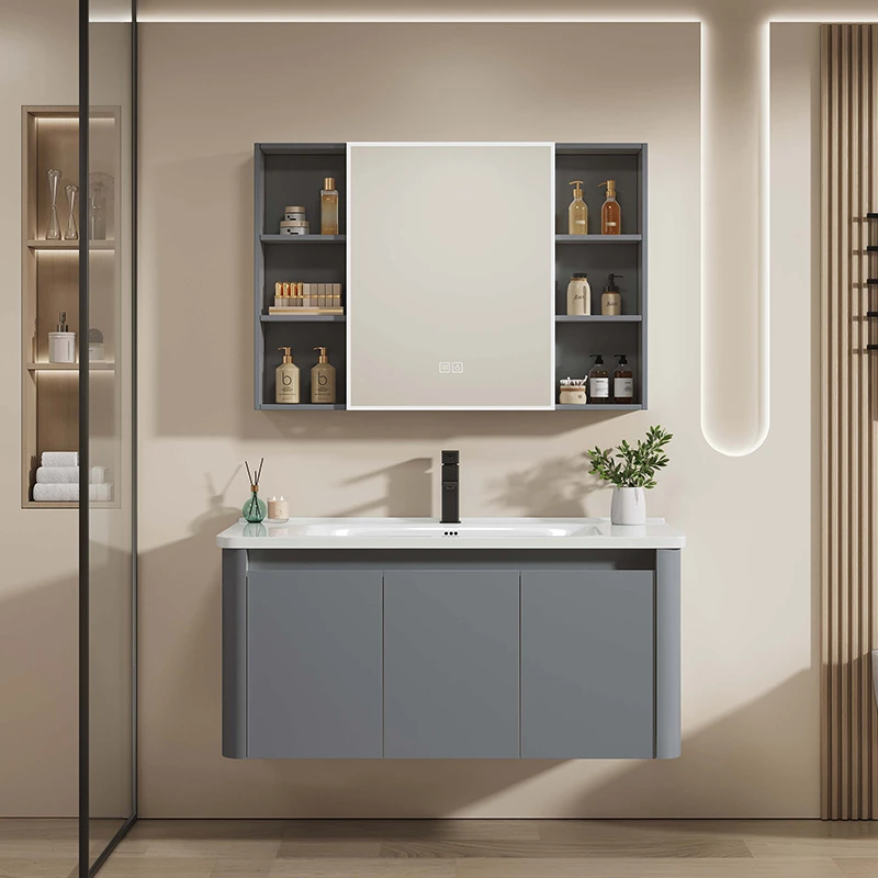 简约轻奢星空灰圆弧对开浴室柜防潮防水铝合金一体盆洗手盆卫浴柜