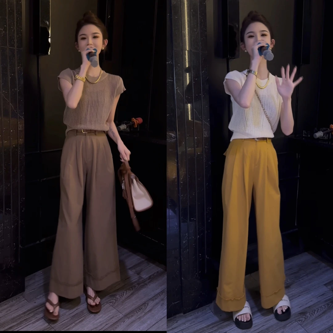 韩版宽松高腰休闲裤女夏时尚百搭纯色毛边阔腿裤