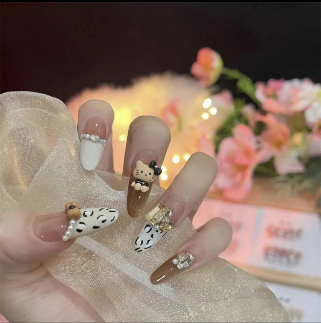 【豹纹kitty】纯手工穿戴甲高级轻奢穿戴式美甲长款显白百搭美甲