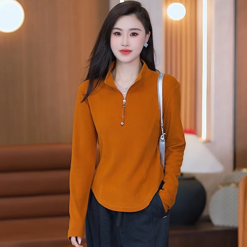 双面绒软糯立领半拉链磨毛长袖T恤打底衫秋冬新款韩版小个子上衣