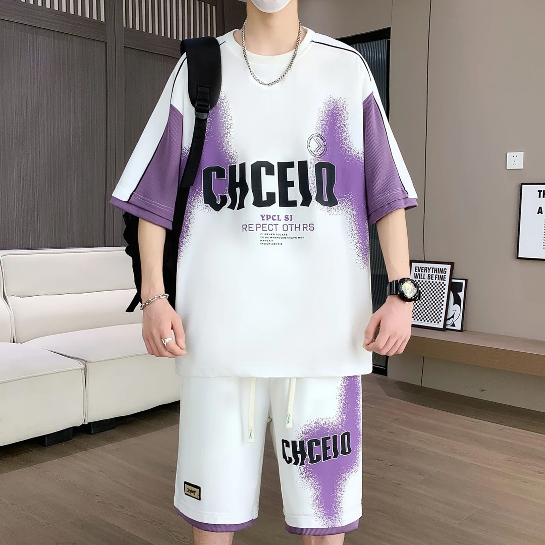 大码男装100-280斤冰丝短袖t恤男青少年夏装帅气短袖休闲运动套装