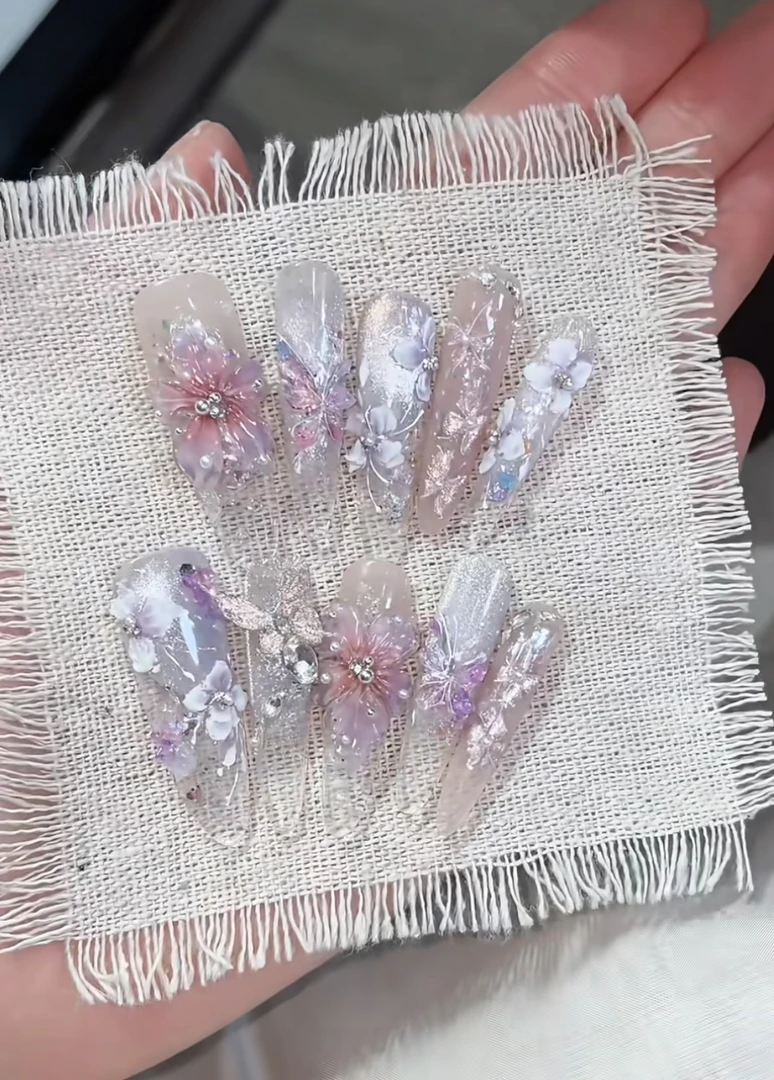 手工穿戴甲微雕花气质美甲成品长椭仙女款