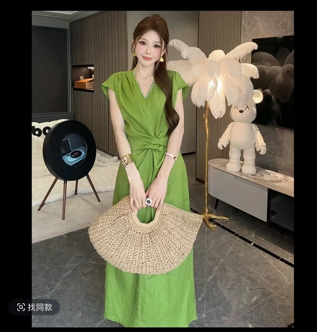 亚麻纯色套头收腰夏装连衣裙显瘦高腰气质夏季系带设计感05