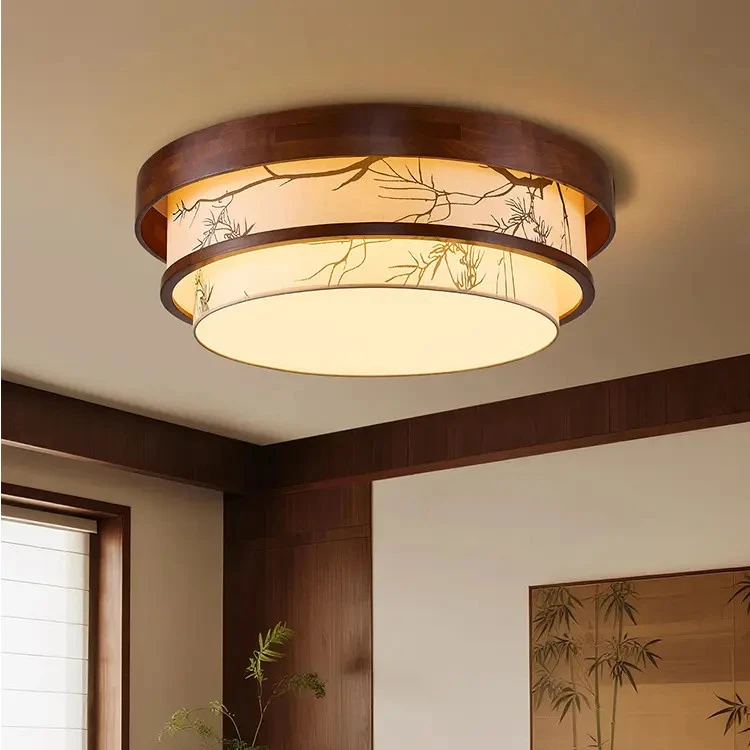 宋代美学吸顶灯卧室灯复古胡桃木色圆形多层蛋糕造型茶室灯餐厅灯