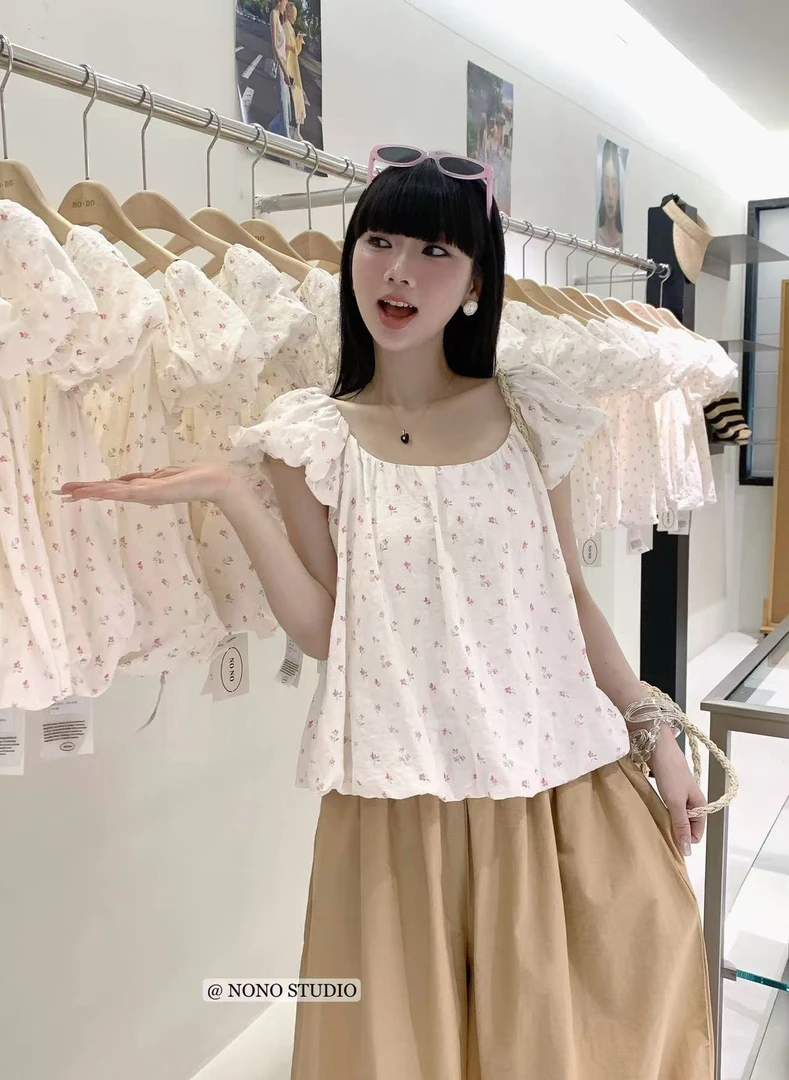 NONO@6951 韩系甜美风碎花一字肩泡泡袖小衫 6-11