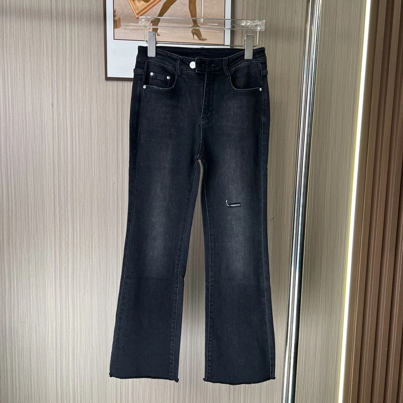 00271撤柜mc高腰破洞牛仔裤裤子微喇mm显瘦新款修身材复古直筒