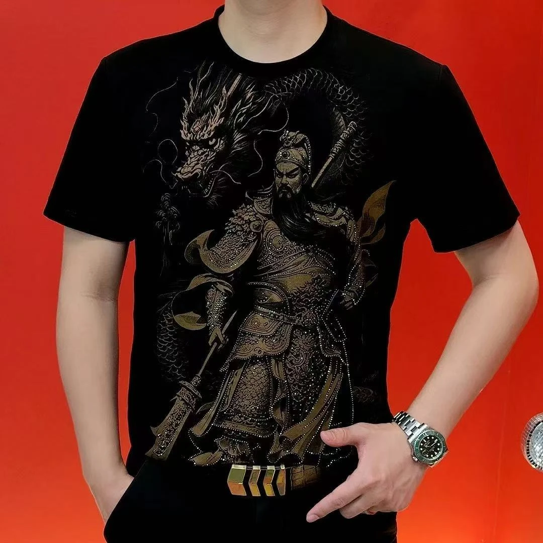 夏季3D烫钻短袖T恤男士薄款圆领修身轻奢高品质青年潮流半袖上衣