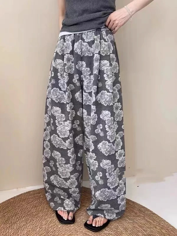 复古提花阔腿裤女2025夏季新款韩版松紧腰百搭棉麻宽松休闲裤潮