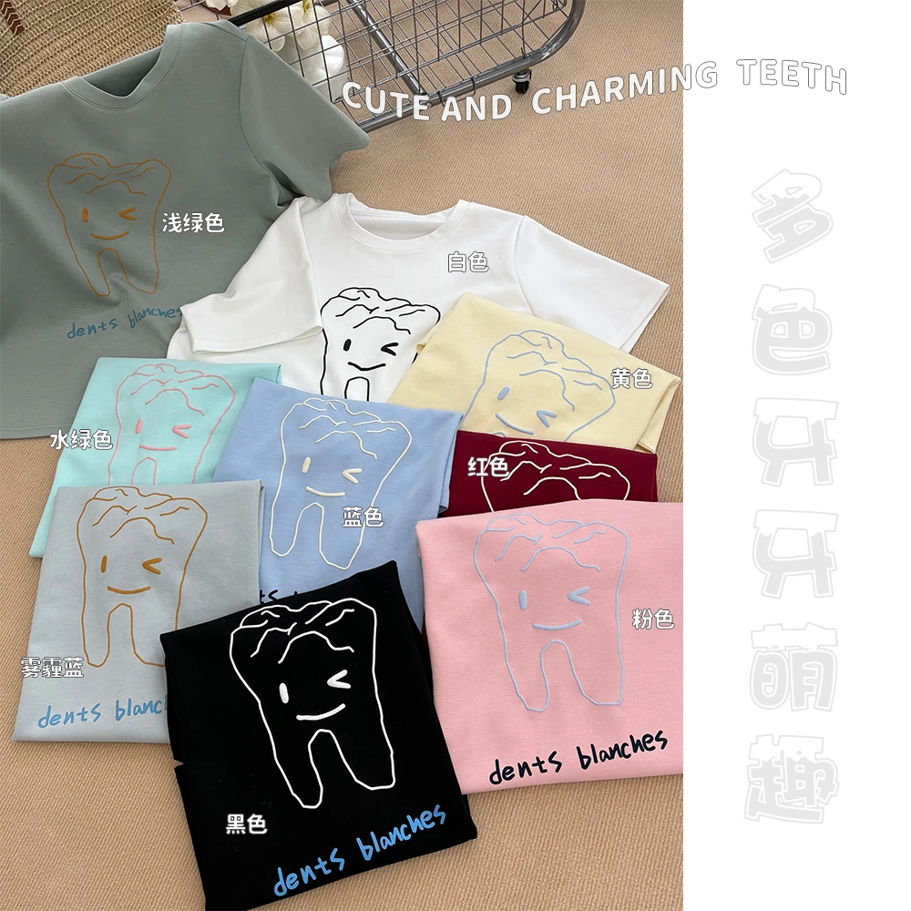 【牙牙萌趣】夏季新款大码女装趣味卡通牙齿印花短袖 T 恤 6061