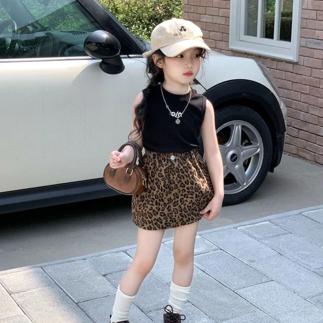 女童夏季新款套装洋气字母背心女宝宝百搭豹纹短裙两件套