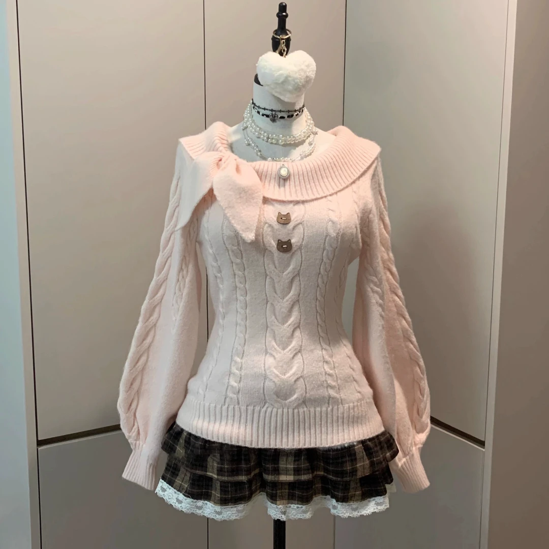 秋冬少女设计感百搭原创古早感萌萌兔耳领甜美收腰修身毛衣女