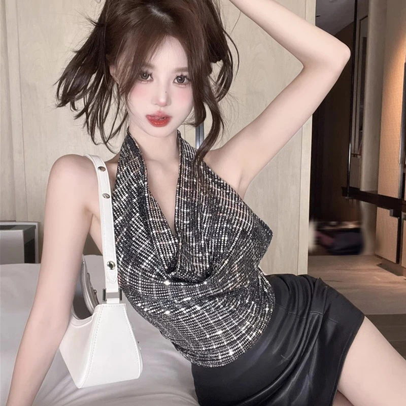 网红纯欲气质风辣妹亮片挂脖吊带背心少女短款露背高级感上衣外穿