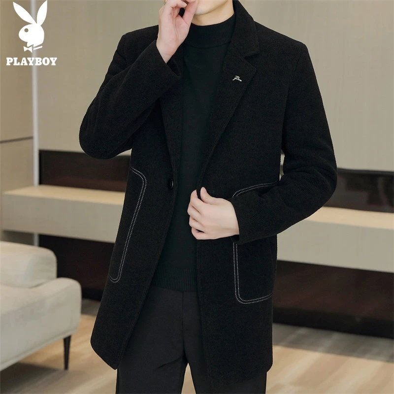 花花公子男士毛呢大衣秋冬季新款休闲中长款修身韩版潮流百搭外套