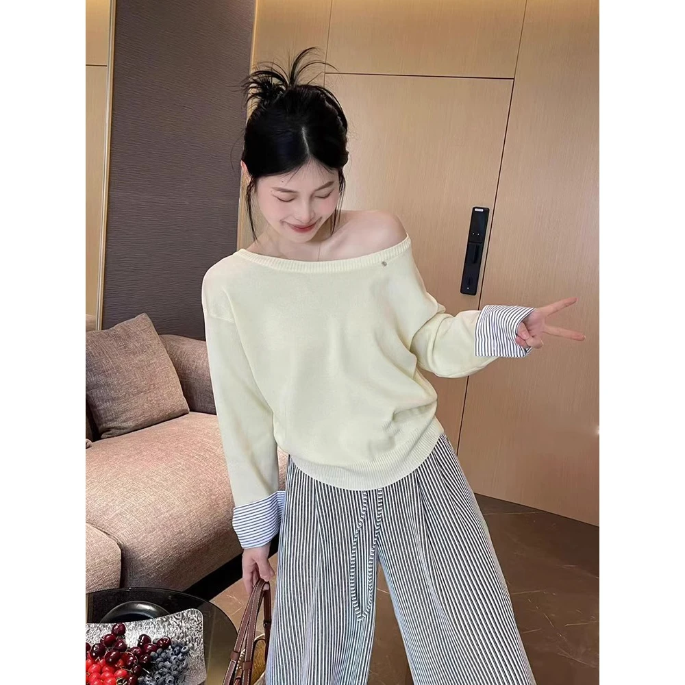 韩版百搭设计感假两件针织衫女春秋款衬衫拼接一字肩斜领长袖上衣