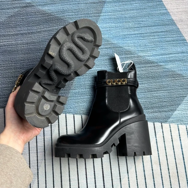 95新 GUCCI/古驰 黑色高跟短靴三七码