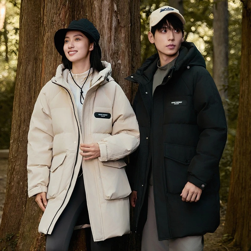 5819冬季中长款羽绒服男女情侣款加厚连帽宽松青年衣90白鸭绒