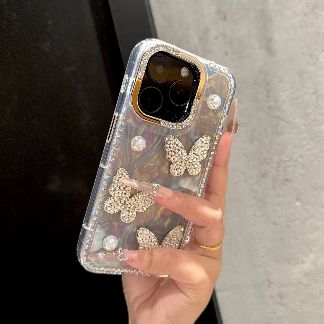 相机AI按键水钻立体珍珠蝴蝶适用iPhone16promax苹果15手机壳1413