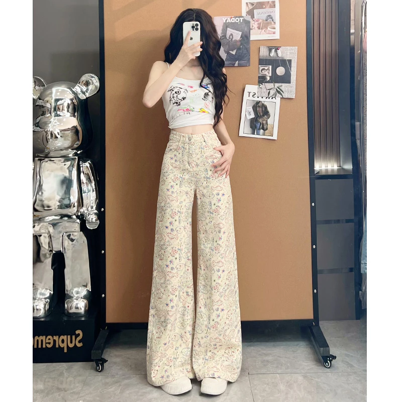 碎花阔腿牛仔裤女夏季薄款2025年新款慵懒爆款垂感超火直筒裤子女