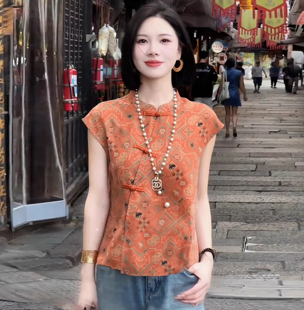 时尚国风衬衫女2025夏款洋气新中式立领印花上衣显瘦气质百搭衬衣