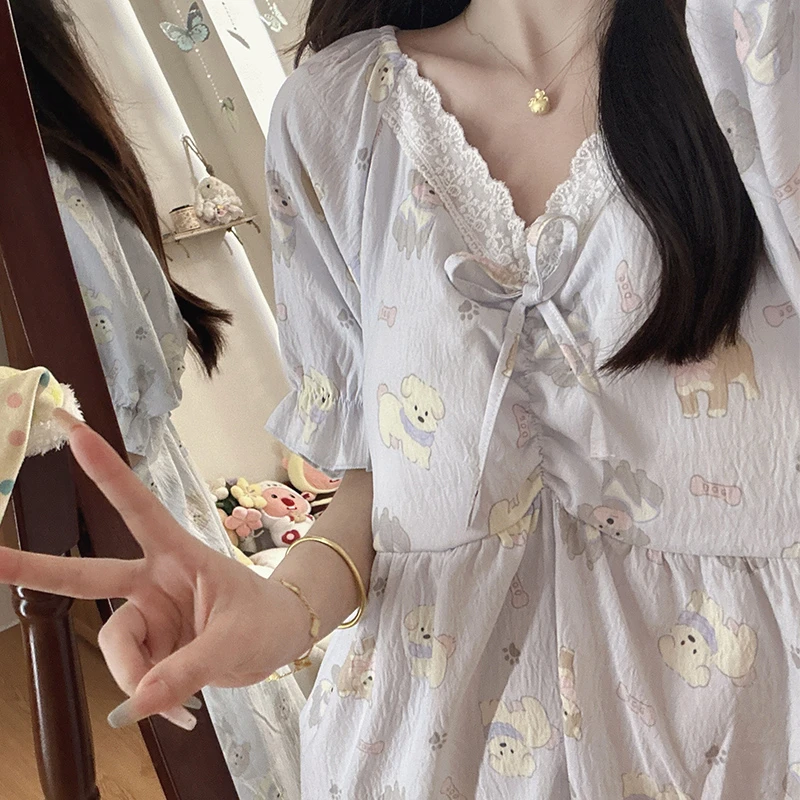 V领奶蓝狗狗睡裙女夏季新款带胸垫短袖可爱甜美女韩系ins风家居服