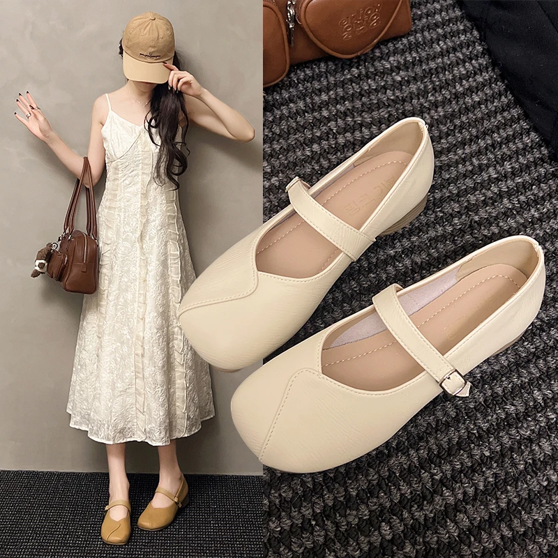 新款百搭软底复古法式粗跟方头浅口温柔仙女风奶奶鞋一字带女单鞋