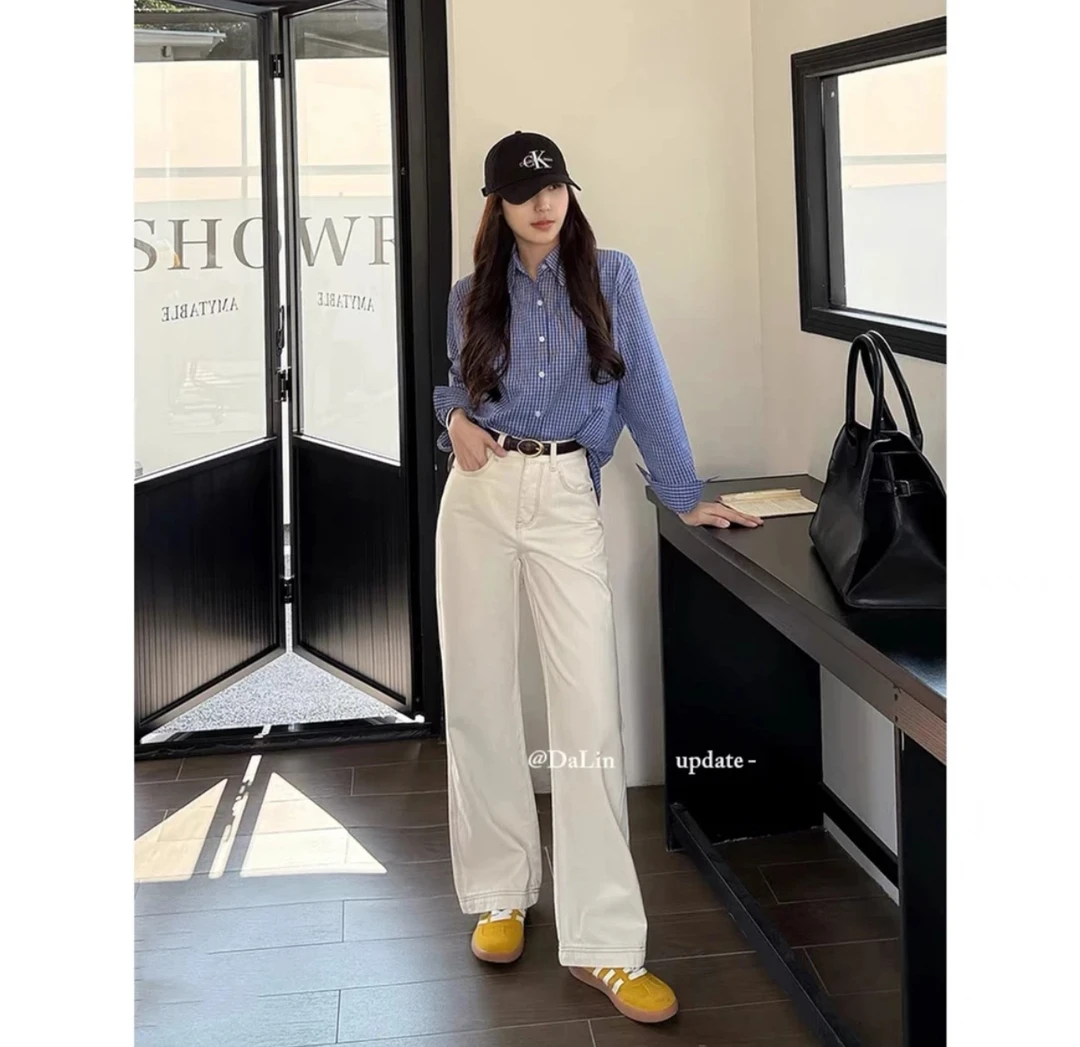 【运费险+送腰带】早春新款米杏色牛仔裤女高腰宽松显瘦窄版阔腿裤
