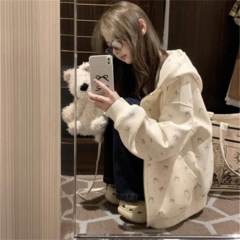 可爱蝴蝶结碎花连帽开衫卫衣女2025秋冬新款奶fufu百搭加绒外套