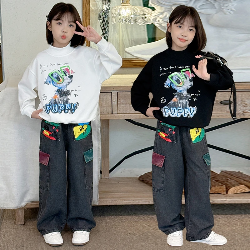 女童春秋卡通套装2025新款中大童时髦女孩拼色牛仔长裤休闲两件套