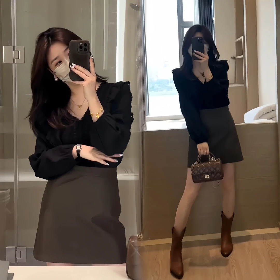 2025春秋韩版拼接蕾丝花边衬衫长袖时尚V领上衣+简约a字皮裙高腰