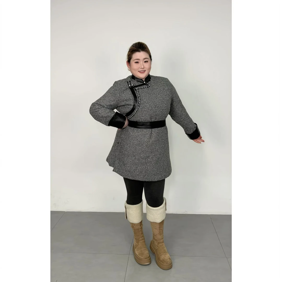 【衣合大码民族服饰】DM076云纹灰蒙设计师款冬季新民族风中长款袍