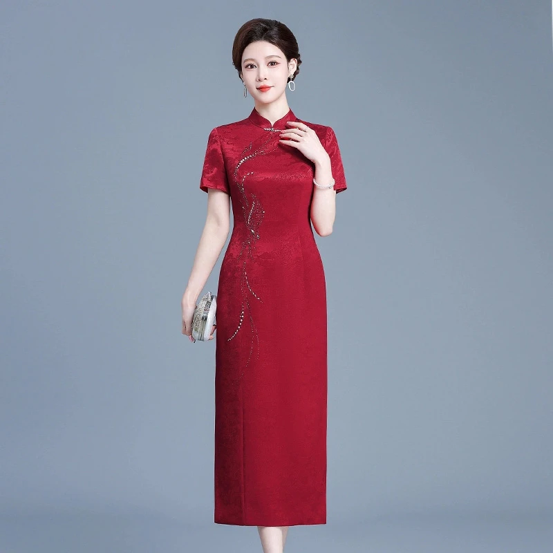 喜婆婆婚宴装醋酸镶钻年轻款高端连衣裙结婚礼服妈妈改良旗袍裙