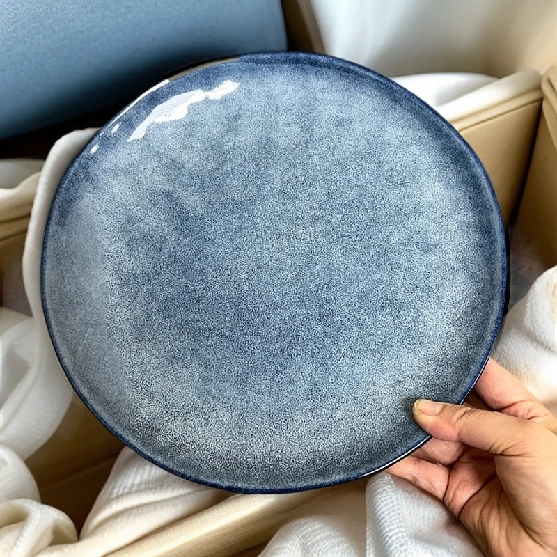 新款大盘蓝色窑变釉锤纹辣3200复古家用陶瓷意面盘早餐盘微瑕