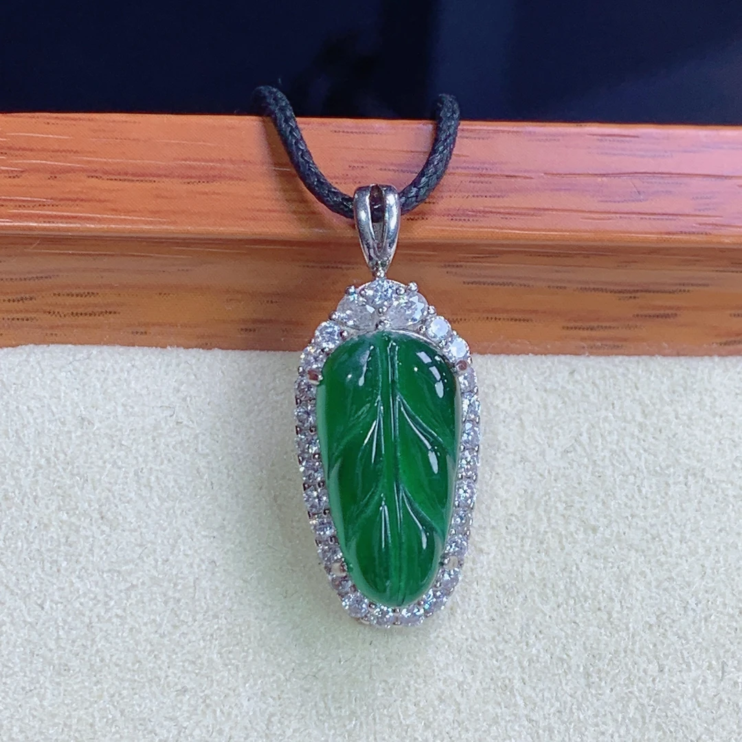 天然保真A货翡翠S925银冰胶辣阳绿树叶吊坠j整39.2裸石18/9.2/3mm