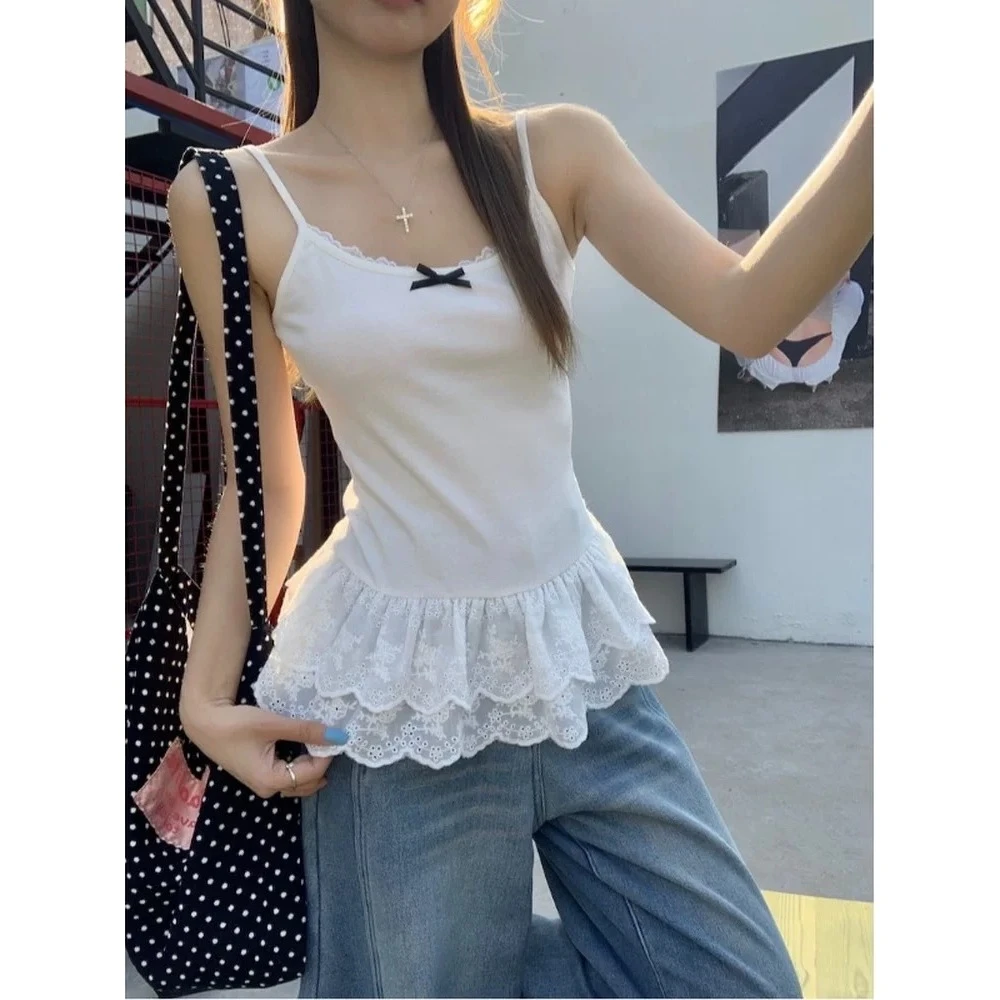 L-813#蕾丝花边蝴蝶结外穿荷叶边拼接裙摆叠穿吊带背心上衣