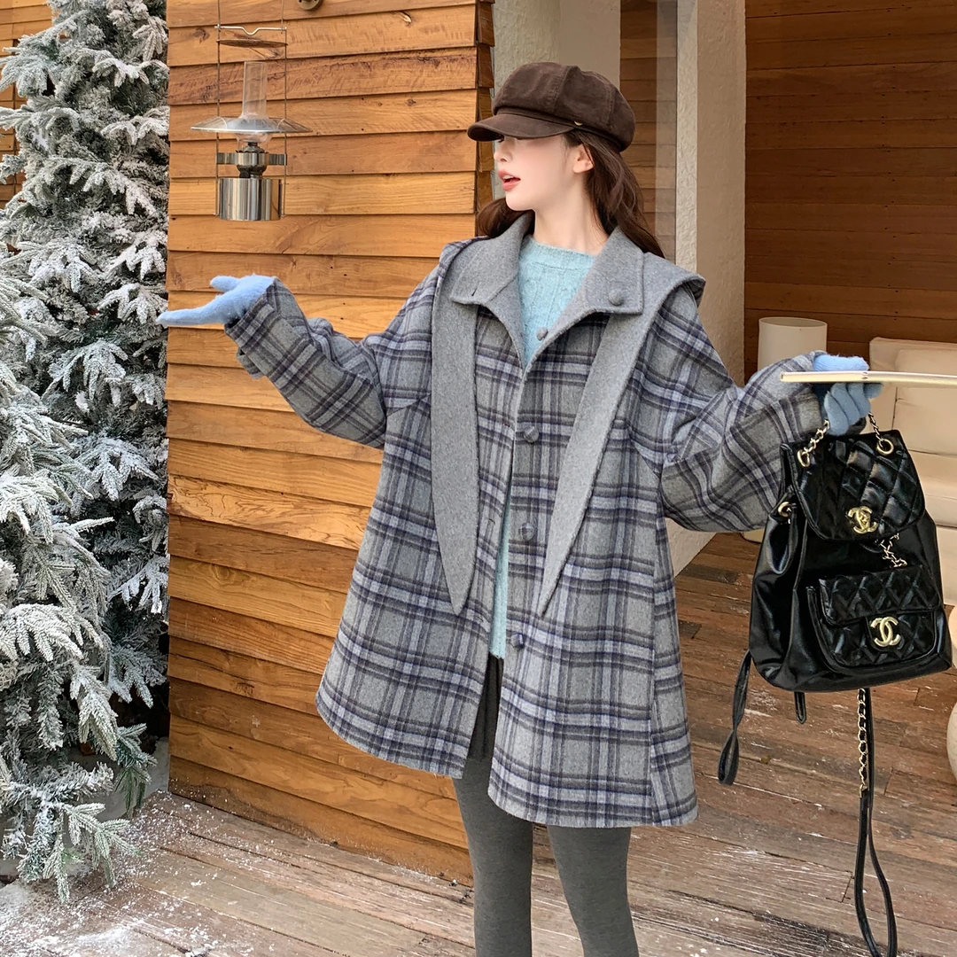 高级灰复古格纹双面羊绒大衣女2025冬季新款韩系气质百搭毛呢外套