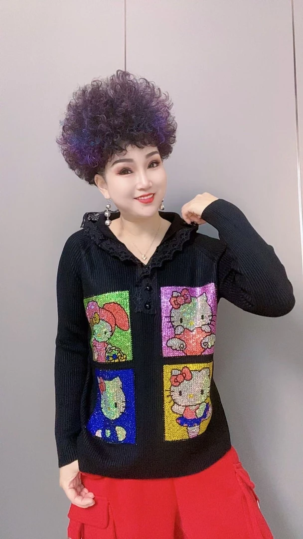 1216重工烫钻镂空花边帽针织毛衣