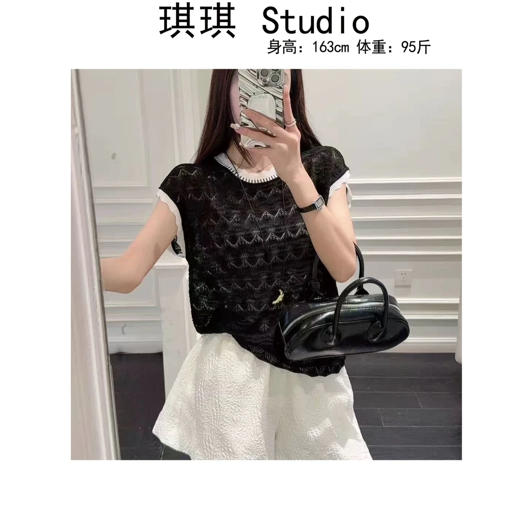 《琪琪家》夏季新款舒适时尚百搭拼接镂空钩花针织上衣短袖0858-CS