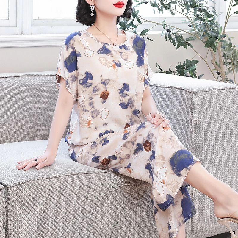 洋气大码棉绸套装女夏季妈妈休闲气质上衣短袖阔腿裤两件套可宽松