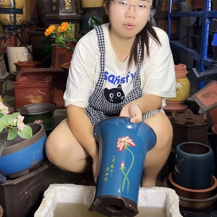宜兴紫砂花盆一念花开蓝色小